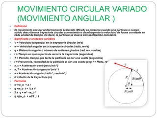 MOVIMIENTO CIRCULAR VARIADO 
(MOVIMIENTO ANGULAR ) 
 Definición 
 El movimiento circular uniformemente acelerado (MCUA) se presenta cuando una partícula o cuerpo 
sólido describe una trayectoria circular aumentando o disminuyendo la velocidad de forma constante en 
cada unidad de tiempo. Es decir, la partícula se mueve con aceleración constante. 
 Significado y unidades variables 
 V = Velocidad tangencial en la trayectoria circular (m/s) 
 w = Velocidad angular en la trayectoria circular (rad/s, rev/s) 
 q = Distancia angular o número de radianes girados (rad, rev, vueltas) 
 t = Tiempo en que la partícula recorre la trayectoria (segundos) 
 T = Período, tiempo que tarda la partícula en dar una vuelta (segundos) 
 f = Frecuencia, velocidad de la partícula al dar una vuelta (seg-1 = Hertz, rad/s) 
 a_c = Aceleración centrípeta (m/s² ) 
 a_T = Aceleración tangencial (m/s² ) 
 a = Aceleración angular (rad/s² , rev/min² ) 
 R = Radio de la trayectoria (m) 
 Formulas 
 w =w_o + a t 
 q =w_o t + ½ a t² 
 2 a q = w² - w_o ² 
 q =((ω_o + ω)/2 ) t 
 