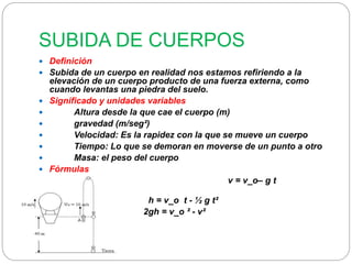 SUBIDA DE CUERPOS 
 Definición 
 Subida de un cuerpo en realidad nos estamos refiriendo a la 
elevación de un cuerpo producto de una fuerza externa, como 
cuando levantas una piedra del suelo. 
 Significado y unidades variables 
 Altura desde la que cae el cuerpo (m) 
 gravedad (m/seg²) 
 Velocidad: Es la rapidez con la que se mueve un cuerpo 
 Tiempo: Lo que se demoran en moverse de un punto a otro 
 Masa: el peso del cuerpo 
 Fórmulas 
 v = v_o– g t 
 h = v_o t - ½ g t² 
 2gh = v_o ² - v² 
 