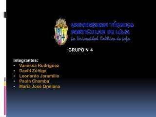 GRUPO N 4

Integrantes:
• Vanessa Rodríguez
• David Zúñiga
• Leonardo Jaramillo
• Paola Chamba
• María José Orellana
 