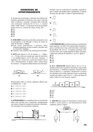 EXERCÍCIOS DE                               Durante a fase de aceleração do caminhão, supondo-se
             APROFUNDAMENTO                                que o caixote não desliza sobre a plataforma, o sistema
                                                           de força que age sobre o caixote é representado por:




                                                                    →
                                                           a)
1. No piso de um elevador é colocada uma balança de              →




                                                                    →
banheiro, graduada em Newtons. Um corpo é colocado
sobre a balança e, quando o elevador sobe acelerado




                                                                    →
                                                           b)
com aceleração constante de 2,2 m/s , a mesma
                                          2




                                                                        →
indica 720N. Sendo a aceleração local da gravidade
igual a 9,8 m/s , a massa do corpo, em kg, vale:
                    2




                                                                    →
a) 72 ;                                                    c)
b) 68;                                                          →
c) 60;




                                                                    →
d) 58;                                                     d)
e) 54.                                                                  →




                                                                  → →
2. (UNICAMP) O peso de um elevador, juntamente com         e)
os passageiros, é de 640 kgf e a força de tração no




                                                                      →
cabo do elevador é 768kgf.                                 5. (UF UBERABA-MG) A máxima tração que um barbante
a) Com estas informações é possível dizer                  pode suportar é de 30N. Um extremo desse barbante é
    inequivocadamente em que sentido o elevador esta       preso a um bloco de 1,5 kg, num local onde a aceleração
    se movendo? Explique.
                                                           da gravidade vale 10 m/s . A máxima aceleração verti-
                                                                                    2




b) Calcule o valo numérico da aceleração do elevador.
                                                           cal, para cima, que se pode imprimir ao bloco, puxando-
3. (PCC) Dois blocos A e B, de massas m A = 20kg e         o pelo outro extremo do barbante é, em m/s, igual a:
                                                                                                      2




mg = 1,0 kg, estão em contato por ação de uma força        a) 20;
 H                                                         b) 15;
F de módulo igual a 3,0 N. Em certo instante, é            c) 10;
aplicada a (I) e, nesse caso, a força do contato entre A   d) 5,0;
e B é . Posteriormente, se aplica a (II) e então a força   e) 2,0
de contato é . O esquema abaixo ilustra essa situação.
                                                           6. (F.C. CHAGAS-SP) Quatro blocos, M, N, P e Q,
                                                           deslizam sobre uma superfície horizontal, empurrados
                                                                          H
                                                           por uma força F conforme o esquema. A força de atrito
                                                           entre os blocos e a superfície é desprezível e a massa
                                                           de cada bloco vale 3,0 kg. Sabendo-se que a aceleração
                                                           escalar dos blocos vale 2,0 m/s , a força do bloco M
                                                                                            2




                                                           sobre o bloco N é em Newtons, igual a:


Desprezando todos os atritos, podemos afirmar que
os módulos de e são:
a) F1 = 1,0 N e F2 = 1,0 N ;
b) F1 = 1,0 N e F2 = 2,0 N ;
                                                           a)   zero;
c) F1 = 2,0 N e F2 = 1,0 N ;                               b)   6,0;
d) F1 = 2,0 N e F2 = 2,0 N ;                               c)   12;
                                                           d)   18;
e) F1 = 3,0 N e F2 = 3,0 N .                               e)   24.

4. (CESGRANRIO) Um caminhão entra em movimento             7. (FEI-SP) Dois corpos A e B possuem o mesmo peso
sobre uma estrada reta e horizontal, transportando         P=98N e estão presos a um dinamômetro ideal
um caixote. Depois de atingir determinada velocidade,      conforme mostra a figura.
ele prossegue com movimento uniforme.




                                                                                                              15
 
