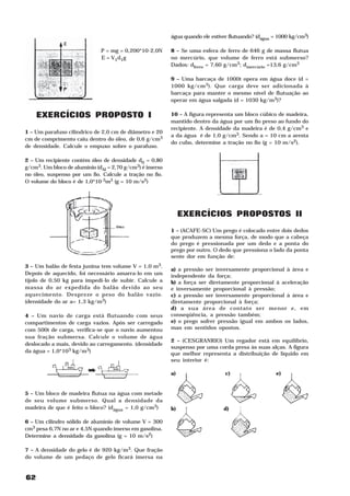 água quando ele estiver flutuando? (dágua = 1000 kg/cm3)

                              P = mg = 0,200*10-2,0N      8 – Se uma esfera de ferro de 646 g de massa flutua
                              E = V1d1g                   no mercúrio, que volume de ferro está submerso?
                                                          Dados: dferro = 7,60 g/cm3; dmercúrio =13,6 g/cm3

                                                          9 – Uma barcaça de 1000t opera em água doce (d =
                                                          1000 kg/cm 3). Que carga deve ser adicionada à
                                                          barcaça para manter o mesmo nível de flutuação ao
                                                          operar em água salgada (d = 1030 kg/m3)?

     EXERCÍCIOS PROPOSTO I                                10 – A figura representa um bloco cúbico de madeira,
                                                          mantido dentro da água por um fio preso ao fundo do
                                                          recipiente. A densidade da madeira é de 0,4 g/cm3 e
1 – Um parafuso cilíndrico de 2,0 cm de diâmetro e 20
                                                          a da água é de 1,0 g/cm3. Sendo a = 10 cm a aresta
cm de comprimento caiu dentro do óleo, de 0,6 g/cm3
                                                          do cubo, determine a tração no fio (g = 10 m/s2).
de densidade. Calcule o empuxo sobre o parafuso.

2 – Um recipiente contém óleo de densidade d0 = 0,80
g/cm3. Um bloco de alumínio (dAl = 2,70 g/cm3) é imerso
no óleo, suspenso por um fio. Calcule a tração no fio.
O volume do bloco é de 1,0*10-3m3 (g = 10 m/s2)




                                                               EXERCÍCIOS PROPOSTOS II
                                                          1 – (ACAFE-SC) Um prego é colocado entre dois dedos
                                                          que produzem a mesma força, de modo que a cabeça
                                                          do prego é pressionada por um dedo e a ponta do
                                                          prego por outro. O dedo que pressiona o lado da ponta
                                                          sente dor em função de:
3 – Um balão de festa junina tem volume V = 1,0 m3.
                                                          a) a pressão ser inversamente proporcional à área e
Depois de aquecido, foi necessário amarra-lo em um        independente da força;
tijolo de 0,50 kg para impedi-lo de subir. Calcule a      b) a força ser diretamente proporcional à aceleração
massa do ar expedida do balão devido ao seu               e inversamente proporcional à pressão;
aquecimento. Despreze o peso do balão vazio.              c) a pressão ser inversamente proporcional à área e
(densidade do ar a= 1,3 kg/m3)                            diretamente proporcional à força;
                                                          d) a sua área de contato ser menor e, em
4 – Um navio de carga está flutuando com seus             conseqüência, a pressão também;
compartimentos de carga vazios. Após ser carregado        e) o prego sofrer pressão igual em ambos os lados,
com 500t de carga, verifica-se que o navio aumentou       mas em sentidos opostos.
sua fração submersa. Calcule o volume de água
                                                          2 – (CESGRANRIO) Um regador está em equilíbrio,
deslocado a mais, devido ao carregamento. (densidade
                                                          suspenso por uma corda presa às suas alças. A figura
da água = 1,0*103 kg/m3)                                  que melhor representa a distribuição de líquido em
                                                          seu interior é:

                                                          a)                    c)                  e)


5 – Um bloco de madeira flutua na água com metade
de seu volume submerso. Qual a densidade da
madeira de que é feito o bloco? (dágua = 1,0 g/cm3)       b)                   d)

6 – Um cilindro sólido de alumínio de volume V = 300
cm3 pesa 6,7N no ar e 4,5N quando imerso em gasolina.
Determine a densidade da gasolina (g = 10 m/s2)

7 – A densidade do gelo é de 920 kg/m3. Que fração
do volume de um pedaço de gelo ficará imersa na


62
 