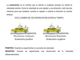 La aceleración es el nombre que le damos a cualquier proceso en donde la
velocidad cambia. Como la velocidad es una rapidez y una dirección, solo hay dos
maneras para que aceleres: cambia tu rapidez o cambia tu dirección (o cambia
ambas).
ES EL CAMBIO DE VELOCIDAD EN RELACIÓN AL TIEMPO.
POSITIVA: Cuando se experimenta un aumento de velocidad.
NEGATIVA: Cuando se experimenta una disminución de la velocidad.
(Desaceleración).
 