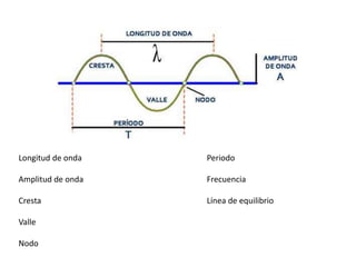 Longitud de onda
Amplitud de onda
Cresta
Valle
Nodo
Periodo
Frecuencia
Línea de equilibrio
 