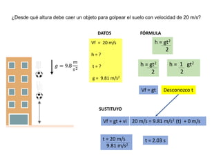 ¿Desde qué altura debe caer un objeto para golpear el suelo con velocidad de 20 m/s?
DATOS FÓRMULA
Vf = 20 m/s
h = ?
t = ?
g = 9.81 m/s2
h = gt2
2
h = 1 gt2
2
h = gt2
2
Vf = gt Desconozco t
SUSTITUYO
Vf = gt + vi 20 m/s = 9.81 m/s2 (t) + 0 m/s
t = 20 m/s
9.81 m/s2
t = 2.03 s
 