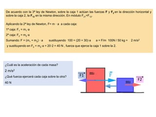 De acuerdo con la 3ª ley de Newton, sobre la caja 1 actúan las fuerzas F y F2 en la dirección horizontal y
sobre la caja 2, la F12 en la misma dirección. En módulo F21=F12.
Aplicando la 2ª ley de Newton, F= m · a a cada caja:
1ª caja: F1 = m1·a
2ª caja: F2 = m2·a
Sumando: F = (m1 + m2) · a sustituyendo 100 = (20 + 30)·a a = F/m 100N / 50 kg = 2 m/s2
y sustituyendo en F2 = m2·a = 20·2 = 40 N , fuerza que ejerce la caja 1 sobre la 2.
¿Cuál es la aceleración de cada masa?
2 m/s2
¿Qué fuerza ejercerá cada caja sobre la otra?
40 N
F1
F2
 