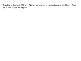 Dos libros de masa 600 kg y 300 kg separados por una distancia de 60 cm ¿Cuál
es la fuerza que los separa?
 