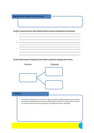 Segunda Ley de Newton o Ley de la Fuerza. 
Escribe 3 situaciones de la vida cotidiana donde se observe la Segunda Ley de Newton. 
a. 
b. 
c. 
Escribe la fórmula de la Segunda Ley de Newton y realiza los despejes de la misma. 
Fórmula Despejes 
Problemas. 
1. Un bloque de 10 kg de masa se halla en reposo. Calculen la magnitud de la fuerza necesaria 
para mover el bloque y que alcance una velocidad de 1.5 ms/ en 1s. Si esta fuerza se aplica 
en dirección horizontal hacia la izquierda, ¿hacia dónde se mueve el bloque? 
17 Ciencias II con énfasis en Física. Centro Educativo Blas Pascal. 
 