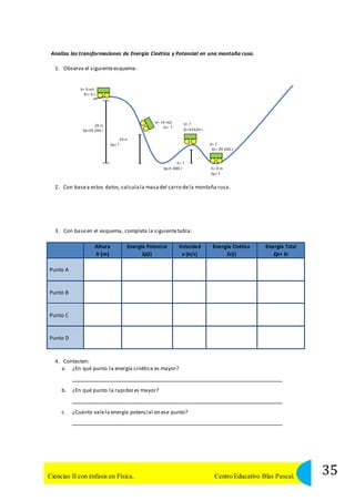 Analiza las transformaciones de Energía Cinética y Potencial en una montaña rusa. 
1. Observa el siguiente esquema: 
V= 0 m/s 
Ec= 0 J 
20 m 
Ep=39 200 J 
V= 14 m/s 
Ec= ? 
V= ? 
Ec=33320 J 
10 m 
Ep= ? 
V= ? 
Ec= 39 200 J 
h= ? 
Ep=5 880 J 
h= 0 m 
Ep= ? 
2. Con base a estos datos, calcula la masa del carro de la montaña rusa. 
3. Con base en el esquema, completa la siguiente tabla: 
Altura 
h (m) 
Energía Potencial 
Ep(J) 
Velocidad 
v (m/s) 
Energía Cinética 
Ec(J) 
Energía Total 
Ep+ Ec 
Punto A 
Punto B 
Punto C 
Punto D 
4. Contesten: 
a. ¿En qué punto la energía cinética es mayor? 
b. ¿En qué punto la rapidez es mayor? 
c. ¿Cuánto vale la energía potencial en ese punto? 
35 Ciencias II con énfasis en Física. Centro Educativo Blas Pascal. 
 