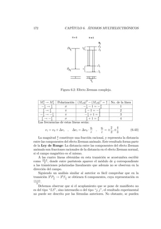 172 CAPÍTULO 6. ÁTOMOS MULTIELECTRÓNICOS
Figura 6.2: Efecto Zeeman complejo.
M2
J ! M1
J Polarización (MJ g)2
(MJ g)1
= q
r
No. de la línea
1
2
! 1
2
1
3
1 = 4
3
1
1
2
! 1
2
1
3
1 = 2
3
2
1
2
! 1
2
1
3
+ 1 = 2
3
3
1
2
! 1
2
1
3
+ 1 = 4
3
4
Las frecuencias de estas líneas serán:
i = 0 + i ; i = 0
qi
r
;
qi
r
=
2
3
;
4
3
(6.43)
La magnitud q
r
constituye una fracción racional, y representa la distancia
entre las componentes del efecto Zeeman anómalo. Este resultado forma parte
de la Ley de Runge: La distancia entre las componentes del efecto Zeeman
anómalo son fracciones racionales de la distancia en el efecto Zeeman normal,
si el campo magnético es el mismo.
A las cuatro líneas obtenidas en esta transición se acostumbra escribir
como (2);4
3
; donde entre paréntesis aparece el módulo de q correspondiente
a las transiciones polarizadas linealmente que además no se observan en la
dirección del campo.
Siguiendo un análisis similar al anterior es fácil comprobar que en la
transición 32
P3
2
! 32
S1
2
se obtienen 6 componentes, cuya representación es
(1);3;5
3
:
Debemos observar que si el acoplamiento que se pone de mani…esto no
es del tipo “LS”, sino intermedio o del tipo “j; j”, el resultado experimental
no puede ser descrito por las fórmulas anteriores. No obstante, se pueden
 