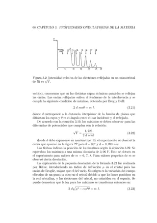 68 CAPÍTULO 3. PROPIEDADES ONDULATORIAS DE LA MATERIA
Figura 3.2: Intensidad relativa de los electrones re‡ejados en un monocristal
de Ni vs
p
V :
voltios), conocemos que en las distintas capas atómicas paralelas se re‡ejan
las ondas. Las ondas re‡ejadas sufren el fenómeno de la interferencia y se
cumple la siguiente condición de máximo, obtenida por Breg y Bulf:
2 d sen = m (3.21)
donde d corresponde a la distancia interplanar de la familia de planos que
difractan los rayos y es el ángulo entre el haz incidente y el re‡ejado.
De acuerdo con la ecuación 3.19, los máximos se deben observar para las
diferencias de potenciales que cumplan con la relación:
p
V =
1; 226
2 d sen
(3.22)
donde d debe expresarse en nanómetros. En el experimento se observó la
curva que aparece en la …gura ?? para = 80 y d = 0; 203 nm:
Las ‡echas indican la posición de los máximos según la ecuación 3.22. Se
esperaban los máximos a una misma distancia de 3; 06 V . Esto se obtuvo en
el experimento para valores de m = 6; 7; 8. Para valores pequeños de m se
observó cierta desviación.
La explicación de la pequeña desviación de la fórmula 3.22 fue realizada
por Bethe, introduciendo un índice de refracción en el cristal para las
ondas de Broglie, mayor que el del vacío. Su origen es la variación del campo
eléctrico de un punto a otro en el cristal debido a que los iones positivos en
la red cristalina, y los electrones del cristal, no coinciden en el espacio. Se
puede demostrar que la ley para los máximos se transforma entonces en:
2 d
p
2 cos2 = m (3.23)
 
