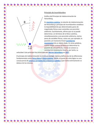 Principio de Incertidumbre
Gráfico del Principio de Indeterminación de
Heisenberg.
En mecánica cuántica, la relación de indeterminación
de Heisenberg o principio de incertidumbre establece
la imposibilidad de que determinados pares de
magnitudes físicas sean conocidas con precisión
arbitraria. Sucintamente, afirma que no se puede
determinar, en términos de la física cuántica,
simultáneamente y con precisión arbitraria, ciertos
pares de variables físicas, como son, por ejemplo, la
posición y el momento lineal (cantidad de
movimiento) de un objeto dado. En otras palabras,
cuanta mayor certeza se busca en determinar la
posición de una partícula, menos se conoce su
cantidad de movimiento lineal y, por tanto, su
velocidad. Este principio fue enunciado por Werner Heisenberg en 1927.
El principio de indeterminación no tiene un análogo clásico y define una de las diferencias
fundamentales entre física clásica y física cuántica. Desde un punto de vista lógico es una
consecuencia de axiomas corrientes de la mecánica cuántica y por tanto estrictamente se
deduce de los mismos.
 