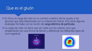 Que es el gluón
 En física, la carga de color es un número cuántico de los quarks y los
gluones que está relacionada con su interacción fuerte. Esto tiene algunas
analogías formales con la noción de carga eléctrica de partículas.
 La carga de color no tiene que ver nada con los colores, sino que
simplemente son una forma de llamar y diferenciar los diferentes tipos de
una magnitud.
 