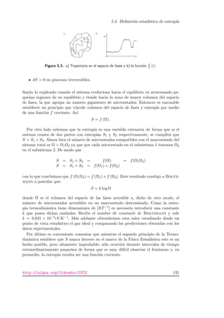 5.4. Deﬁnici´on estad´ıstica de entrop´ıa
Figura 5.3.: a) Trayectoria en el espacio de fases y b) la funci´on S
k (t)
dS  0 en procesos irreversibles.
Seg´un lo explicado cuando el sistema evoluciona hacia el equilibrio va atravesando pe-
que˜nas regiones de no equilibrio y tiende hacia la zona de mayor volumen del espacio
de fases, la que agrupa un numero gigantesco de microestados. Entonces es razonable
establecer un principio que vincule volumen del espacio de fases y entrop´ıa por medio
de una funci´on f creciente. As´ı
S = f (Ω) .
Por otro lado sabemos que la entrop´ıa es una variable extensiva de forma que si el
sistema consta de dos partes con entrop´ıas S1 y S2 respectivamente, se cumplir´a que
S = S1 + S2. Ahora bien el n´umero de microestados compatibles con el macroestado del
sistema total es Ω = Ω1Ω2 ya que por cada microestado en el subsistema 1 tenemos Ω2
en el subsistema 2. De modo que
S = S1 + S2 = f(Ω) = f(Ω1Ω2)
S = S1 + S2 = f(Ω1) + f(Ω2)
con lo que concluimos que f (Ω1Ω2) = f (Ω1) + f (Ω2). Este resultado condujo a Boltz-
mann a postular que:
S = k log Ω
donde Ω es el volumen del espacio de las fases accesible o, dicho de otro modo, el
n´umero de microestados accesibles en un macroestado determinado. Como la entro-
p´ıa termodin´amica tiene dimensiones de [ET−1] es necesario introducir una constante
k que posea dichas unidades. Recibe el nombre de constante de Boltzmann y vale
k = 8.631 × 10−5eV K−1. M´as adelante obtendremos esta valor estudiando desde un
punto de vista estad´ıstico el gas ideal y comparando las predicciones obtenidas con los
datos experimentales.
Por ´ultimo es conveniente comentar que mientras el segundo principio de la Termo-
din´amica establece que S nunca decrece en el marco de la F´ısica Estad´ıstica este es un
hecho posible, pero altamente improbable: s´olo ocurrir´a durante intervalos de tiempo
extraordinariamente peque˜nos de forma que es muy dif´ıcil observar el fen´omeno y, en
promedio, la entrop´ıa resulta ser una funci´on creciente.
http://alqua.org/libredoc/IFC2 131
 