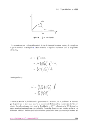 6.3. El gas ideal en la esFD
F
Figura 6.2.: dn
dε en funci´on de ε.
La representaci´on gr´aﬁca del n´umero de part´ıculas por intervalo unidad de energ´ıa es
la que se muestra en la ﬁgura 6.2 Partiendo de la siguiente expresi´on para N es posible
calcular εF
N =
∞
0
dn (ε) ,
= gsV
m3
2π4 6
1
2 εF
0
ε
1
2 dε,
=
2
3
gsV
m3
2π4 6
1
2
ε
3
2
F ,
y despejando εF
εF =
3
2
N
gsV
m3
2π4 6
− 1
2
2
3
=
2
2m
6π2
gs
N
V
2
3
El nivel de Fermi es inversamente proporcional a la masa de la part´ıcula. A medida
que la part´ıcula se hace m´as masiva se mueve m´as lentamente y su energ´ıa cin´etica se
reduce. Por el contrario, crece con la densidad n = N/V a la potencia 2/3 lo cual es
consecuencia directa del ppo de exclusi´on. Como los fermiones no pueden apilarse en
un mismo estado a medida que a˜nadimos m´as part´ıculas, ´estas deben ocupar niveles de
http://alqua.org/libredoc/IFC2 155
 