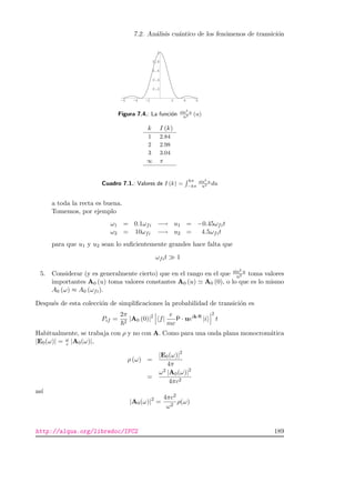 7.2. An´alisis cu´antico de los fen´omenos de transici´on
-6 -4 -2 2 4 6
0.2
0.4
0.6
0.8
1
Figura 7.4.: La funci´on sin2
u
u2 (u)
k I (k)
1 2.84
2 2.98
3 3.04
∞ π
Cuadro 7.1.: Valores de I (k) =
kπ
−kπ
sin2
u
u2 du
a toda la recta es buena.
Tomemos, por ejemplo
ω1 = 0.1ωfi −→ u1 = −0.45ωfit
ω2 = 10ωfi −→ u2 = 4.5ωfit
para que u1 y u2 sean lo suﬁcientemente grandes hace falta que
ωfit 1
5. Considerar (y es generalmente cierto) que en el rango en el que sin2 u
u2 toma valores
importantes A0 (u) toma valores constantes A0 (u) A0 (0), o lo que es lo mismo
A0 (ω) ≈ A0 (ωfi).
Despu´es de esta colecci´on de simpliﬁcaciones la probabilidad de transici´on es
Pif =
2π
2
|A0 (0)|2
f|
e
mc
P · ueik·R
|i
2
t
Habitualmente, se trabaja con ρ y no con A. Como para una onda plana monocrom´atica
|E0(ω)| = ω
c |A0(ω)|,
ρ (ω) =
|E0(ω)|2
4π
=
ω2 |A0(ω)|2
4πc2
as´ı
|A0(ω)|2
=
4πc2
ω2
ρ(ω)
http://alqua.org/libredoc/IFC2 189
 