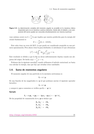 1.4. Suma de momentos angulares
Figura 1.4.: La determinaci´on completa del momento angular es accesible en la mec´anica cl´asica
(izquierda) pero no en mec´anica cu´antica (derecha), donde s´olo el m´odulo y una com-
ponente del vector pueden ser conocidos simult´aneamente con m´axima exactitud.
cuyo m´ınimo ocurre en b =
π
4
lo que implica que nuestra predicci´on para la energ´ıa del
estado fundamental es
E = −
8
π2
EI ≈ −0.81EI.
Este valor tiene un error del 20 %, lo que puede ser considerado aceptable en una pri-
mera aproximaci´on. Pero ahora viene la gran desilusi´on: si calculamos el rqm obtenemos
r2
= a2
0
∞
0
dρ
ρ4
(b2 + ρ2)2 = ∞.
Este resultado es debido a que la fdo no decae suﬁcientemente deprisa cuando nos ale-
jamos del origen. De hecho φ(ρ) →
1
ρ
ρ → ∞.
Podemos dar la siguiente moraleja: cuando utilizamos el m´etodo variacional, no basta
con calcular la energ´ıa, sino que hay que estudiar otras cantidades.
1.4. Suma de momentos angulares
El momento angular de una part´ıcula en la mec´anica newtoniana es
L = r ∧ p
Es una funci´on de las magnitudes r y p al que podemos asociar el siguiente operador
herm´ıtico
L = r ∧ p
y aunque r y p no conmutan se veriﬁca que L = −p ∧ r
Ejemplo
Lz = rxpy − rypx = − (pxry − pyrx) = − (p ∧ r)z
De las propiedad de conmutaci´on de r y p se deduce que
[Lx, Ly] = i Lz
[Lz, Lx] = i Ly
[Ly, Lz] = i Lx
http://alqua.org/libredoc/IFC2 21
 