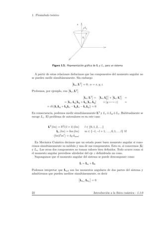1. Pre´ambulo te´orico
z
L
Lz
Figura 1.5.: Representaci´on gr´aﬁca de L y Lz para un sistema
A partir de estas relaciones deducimos que las componentes del momento angular no
se pueden medir simult´aneamente. Sin embargo
Lα, L2
= 0, α = x, y, z
Probemos, por ejemplo, con Lx, L2
Lx, L2
= Lx, L2
y + Lx, L2
z =
= [Lx, Ly] Ly + Ly [Lx, Ly] + (y ←→ z) =
= i {LzLy + LyLz − LyLz − LzLy} = 0
En consecuencia, podemos medir simult´aneamente L2 y Lz ´o Ly ´o Lx. Habitualmente se
escoge Lz. El problema de autovalores es en este caso
L2
|lm = 2
l (l + 1) |lm l ∈ {0, 1, 2, . . .}
Lz |lm = m |lm m ∈ {−l, −l + 1, . . . , 0, 1, . . . l} ∀l
lm|l m = δll δmm
En Mec´anica Cu´antica decimos que un estado posee buen momento angular si cono-
cemos simult´aneamente su m´odulo y una de sus componentes. Esto es, si conocemos |L|
y Lα. Las otras dos componentes no toman valores bien deﬁnidos. Todo ocurre como si
el momento angular precediese alrededor del eje z deﬁnidendo un cono.
Supongamos que el momento angular del sistema se puede descomponer como
L = La + Lb
Podemos intepretar que La,b son los momentos angulares de dos partes del sistema y
admitiremos que pueden medirse simult´aneamente, es decir
Laα , Lbβ
= 0
22 Introducci´on a la f´ısica cu´antica - 1.1.0
 