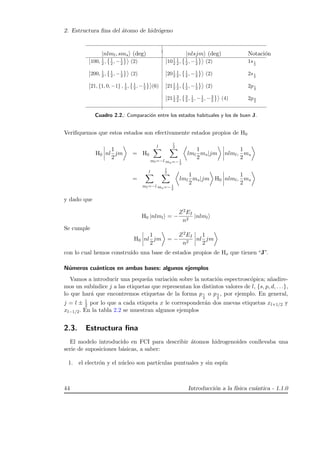 2. Estructura ﬁna del ´atomo de hidr´ogeno
|nlml, sms (deg) |nlsjm (deg) Notaci´on
100, 1
2 , 1
2 , −1
2 (2) 101
2
1
2 , 1
2 , −1
2 (2) 1s1
2
200, 1
2 , 1
2 , −1
2 (2) 201
2
1
2 , 1
2 , −1
2 (2) 2s1
2
21, {1, 0, −1} , 1
2 , 1
2 , −1
2 (6) 211
2
1
2 , 1
2 , −1
2 (2) 2p1
2
211
2
3
2 , 3
2 , 1
2 , −1
2 , −3
2 (4) 2p3
2
Cuadro 2.2.: Comparaci´on entre los estados habituales y los de buen J.
Veriﬁquemos que estos estados son efectivamente estados propios de H0
H0 nl
1
2
jm = H0
l
ml=−l
1
2
ms=− 1
2
lml
1
2
ms|jm nlml,
1
2
ms
=
l
ml=−l
1
2
ms=− 1
2
lml
1
2
ms|jm H0 nlml,
1
2
ms
y dado que
H0 |nlml = −
Z2EI
n2
|nlml
Se cumple
H0 nl
1
2
jm = −
Z2EI
n2
nl
1
2
jm
con lo cual hemos constru´ıdo una base de estados propios de Ho que tienen “J”.
N´umeros cu´anticos en ambas bases: algunos ejemplos
Vamos a introducir una peque˜na variaci´on sobre la notaci´on espectrosc´opica; a˜nadire-
mos un sub´ındice j a las etiquetas que representan los distintos valores de l, {s, p, d, . . .},
lo que har´a que encontremos etiquetas de la forma p1
2
o p3
2
, por ejemplo. En general,
j = l ± 1
2 por lo que a cada etiqueta x le corresponder´an dos nuevas etiquetas xl+1/2 y
xl−1/2. En la tabla 2.2 se muestran algunos ejemplos
2.3. Estructura ﬁna
El modelo introducido en FCI para describir ´atomos hidrogenoides conllevaba una
serie de suposiciones b´asicas, a saber:
1. el electr´on y el n´ucleo son part´ıculas puntuales y sin esp´ın
44 Introducci´on a la f´ısica cu´antica - 1.1.0
 