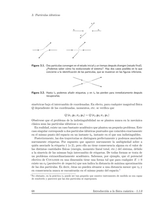 3. Part´ıculas id´enticas
1i 2i
f
p
p
p
fp’
Figura 3.1.: Dos part´ıculas convergen en el estado inicial y un tiempo despu´es divergen (estado ﬁnal).
¿Podemos saber c´omo ha evolucionado el sistema?. Hay dos casos posibles en lo que
concierne a la identiﬁcaci´on de las part´ıculas, que se muestran en las ﬁguras inferiores.
Figura 3.2.: Hasta t0 podemos a˜nadir etiquetas, y en t0 las pierden para inmediatamente despu´es
recuperarlas.
sim´etricas bajo el intercambio de coordenadas. En efecto, para cualquier magnitud f´ısica
Q dependiente de las coordenadas, momentos, etc. se veriﬁca que
Q (r1, p1; r2, p2) = Q (r2, p2; r1, p1)
Obs´ervese que el problema de la indistinguibilidad no se plantea nunca en la mec´anica
cl´asica sean las part´ıculas id´enticas o no.
En realidad, existe un caso bastante acad´emico que plantea un peque˜no problema. Este
caso singular corresponde a dos part´ıculas id´enticas puntuales que coinciden exactamente
en el mismo punto del espacio en un instante t0, instante en el que son indistinguibles.
Posteriormente, las dos trayectorias se distinguen perfectamente y podemos asociarles
nuevamente etiquetas. Por supuesto que aparece nuevamente la ambig¨uedad sobre a
qui´en asociarle la etiqueta 1 (o 2), pero ello no tiene consecuencia alguna en el valor de
las distintas cantidades f´ısicas (energ´ıa, momento lineal total, etc.) del sistema, debido
a la simetr´ıa de las mismas bajo intercambio de etiquetas. De todas formas se trata de
un problema extraordinariamente acad´emico. Sabemos, por ejemplo, que el potencial
efectivo de Coulomb en una dimensi´on tiene una forma tal que para cualquier E > 0
existe un r0 (par´ametro de impacto) que nos indica la distancia de m´axima aproximaci´on
de las dos part´ıculas. Es decir, ´estas no pueden situarse a una distancia menor que r0 y
en consecuencia nunca se encontrar´an en el mismo punto del espacio.1
1
No obstante, en la pr´actica r0 puede ser tan peque˜no que nuestro instrumento de medida no sea capaz
de resolverlo y parecer´a que las dos part´ıculas se superponen.
68 Introducci´on a la f´ısica cu´antica - 1.1.0
 