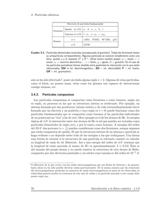 3. Part´ıculas id´enticas
 ¢¡¤£¦¥¨§©£¡¥ !#£¦©¨$% §'(!)102344!56¥¨37©¦!(¤¥¨)
8 !#£¦9@) AB)DCFEHG#IQP SRTURV)'RT§#RTWXRV©
Y¥'£5`¡¤Q3¥¨)
aX¥'4©Q3¥¨)bAB)cCFEHG#IQP ¥#deRgf#h¨RpiqdrRgftsuRwvxdeRgfty€¦
)DCFE ‚qABƒ„ …PDR‡†‰ˆABƒ …PDRp‘“’”ABƒ„  PDRp•ABY–P
—˜Q)Q3¥¨)
)DC I ™6Ad™¢e¢P
Cuadro 3.1.: Part´ıculas elementales conocidas (exceptuando el gravit´on). Todos los fermiones tienen
su antipart´ıcula correspondiente. Algunas part´ıculas se conocen simplemente como una
letra: quarks u y d, bosones Z0
y W±
. Otras tienen nombre propio: µ = mu´on, τ =
tau´on, νe = neutrino electr´onico,. . . γ = fot´on, g = glu´on, G = gravit´on. En el caso de
las part´ıculas portadoras hemos a˜nadido entre par´entesis la interacci´on con la que est´an
relacionadas. EM = int. electromagn´etica , ED = int. electrod´ebil, F = int. fuerte,
GR = int. gravitatoria.
a´un no ha sido detectado5, posee sin duda alguna esp´ın s = 2. Algunas de estas part´ıculas,
como el fot´on, no poseen masa, otras como los gluones son capaces de interaccionar
consigo mismas, etc.
3.4.2. Part´ıculas compuestas
Las part´ıculas compuestas se comportan como fermiones o como bosones, seg´un sea
su esp´ın, en procesos en los que su estructura interna es irrelevante. Por ejemplo, un
sistema formado por dos positronios (´atomo ex´otico y de vida extraordinariamente breve
formado por un electr´on y un positr´on y cuyo esp´ın es s = 0) puede funcionar como dos
part´ıculas fundamentales que se comportan como bosones si las part´ıculas individuales
de un positronio no“ven”a las de otro. Otro ejemplo es el de los ´atomos de He. A energ´ıas
t´ıpicas de 1eV la interacci´on entre dos ´atomos de He es tal que pueden ser tratadas como
part´ıculas elementales de esp´ın cero, y por lo tanto, como bosones. A energ´ıas del orden
del MeV dos protones (s = 1
2 ) pueden considerarse como dos fermiones, aunque sepamos
que est´an compuestos de quarks. El que la estructura interna de un sistema o part´ıcula se
haga evidente o no depende sobre todo de las energ´ıas a las que trabajamos. Una forma
muy burda de estimar si la estructura de una part´ıcula es relevante consiste en calcular
su longitud de onda de de Broglie. As´ı a una energ´ıa del orden de 1eV tenemos que
la longitud de onda asociada al atomo de He es aproximadamente λ 0.3A. ´Esta es
del tama˜no del propio ´atomo y no puede resolver la estructura de otro ´atomo de Helio,
compuesto por dos electrones puntuales y un n´ucleo cuyo tama˜no es del orden de 10−5 A.
5
A diferencia de lo que ocurre con las ondas electromagn´eticas que son f´aciles de detectar y de generar,
hasta ahora no ha sido posible detectar ondas gravitacionales. De la misma manera que las ecuaciones
del electromagn´etismo predec´ıan la existencia de ondas electromagn´eticas ya antes de ser observadas, la
relatividad general predice la existencia de este tipo de ondas y la part´ıcula asociada a este campo debe
poseer esp´ın dos.
76 Introducci´on a la f´ısica cu´antica - 1.1.0
 