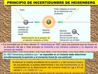 PRINCIPIO DE INCERTIDUMBRE DE HEISENBERG    Fue formulado por el físico alemán  W. Heisenberg  en 1927, para una partícula que se mueve en la dirección del eje x. Este principio  es inherente a los números cuánticos y no depende del proceso de medida En 1927 Heisenberg establece que  “ es imposible en un instante dado determinar simultáneamente la posición y el momento lineal de una partícula” Determinación de la posición de un electrón mediante un fotón Fotón Electrón excitado Electrón  con cantidad de movimiento final en función de su interacción con el fotón Fotón reflejado en función de su interacción con  el electrón Electrón con cantidad de movimiento inicial Al efectuar la medida simultánea de  la posición x  y del  momento lineal p  de una partícula, si pudiera determinarse  x  con una  incertidumbre   x , la incertidumbre en la determinación del momento lineal es:   p    h’/   x  siendo  h’    h = 6,625.10  34  J.s 