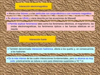   Afecta a los  fotones  y a las  partículas con carga eléctrica   o con momento magnético    Su  alcance  es  infinito  y viene descrita por las ecuaciones de Maxwell    Permite explicar   fenómenos  tales como los fenómenos eléctricos, el magnetismo, las ondas electromagnéticas, los fenómenos ópticos o las fuerzas elásticas en un resorte    También denominada  interacción hadrónica , afecta a los quarks y, en consecuencia, a los hadrones    Es la más intensa  de las cuatro interacciones fundamentales, pero  su alcance es muy corto : prácticamente se reduce a cero para distancias superiores a 10  15  m Interacción electromagnética Interacción fuerte 