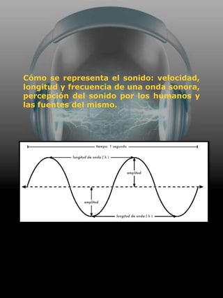 Cómo se representa el sonido: velocidad,
longitud y frecuencia de una onda sonora,
percepción del sonido por los humanos y
las fuentes del mismo.
 