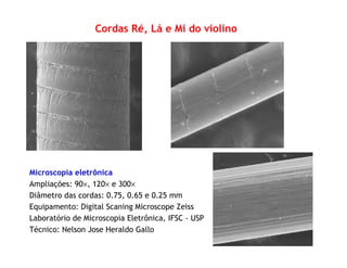 Cordas Ré, Lá e Mi do violino
Microscopia eletrônica
Ampliações: 90×, 120× e 300×
Diâmetro das cordas: 0.75, 0.65 e 0.25 mm
Equipamento: Digital Scaning Microscope Zeiss
Laboratório de Microscopia Eletrônica, IFSC - USP
Técnico: Nelson Jose Heraldo Gallo
 