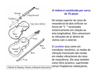 O violino é constituído por cerca
de 35 peças
No tampo superior da caixa de
ressonância há dois orifícios na
forma de “f “ localizados
simetricamente em relação ao
eixo longitudinal. Eles comunicam
as vibrações do ar dentro do
violino com o exterior.
O cavalete atua como um
transdutor mecânico, os modos de
vibração tranversais das cordas
em modos vibracionais da caixa
de ressonância. Ele atua também
como filtro acústico, suprimindo
certas freqüências indesejáveis.Fletcher & Rossing: Physics of Musical Instruments
 