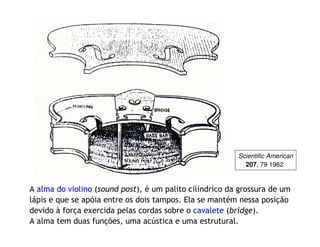 A alma do violino (sound post), é um palito cilíndrico da grossura de um
lápis e que se apóia entre os dois tampos. Ela se mantém nessa posição
devido à força exercida pelas cordas sobre o cavalete (bridge).
A alma tem duas funções, uma acústica e uma estrutural.
Scientific American
207, 79 1962
 
