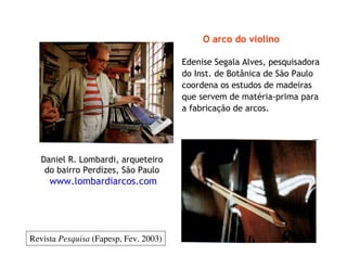 O arco do violino
Revista Pesquisa (Fapesp, Fev. 2003)
Edenise Segala Alves, pesquisadora
do Inst. de Botânica de São Paulo
coordena os estudos de madeiras
que servem de matéria-prima para
a fabricação de arcos.
Daniel R. Lombardi, arqueteiro
do bairro Perdizes, São Paulo
www.lombardiarcos.com
 
