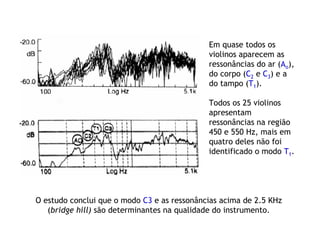 Em quase todos os
violinos aparecem as
ressonâncias do ar (Ao),
do corpo (C2 e C3) e a
do tampo (T1).
Todos os 25 violinos
apresentam
ressonâncias na região
450 e 550 Hz, mais em
quatro deles não foi
identificado o modo T1.
O estudo conclui que o modo C3 e as ressonâncias acima de 2.5 KHz
(bridge hill) são determinantes na qualidade do instrumento.
 