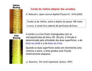 A corda e a crina ficam impregnadas com as
micropartículas de breu (10– 20 µm). A fricção é
determinada pela afinidade das duas superfícies, a de
breu na corda e a de breu na crina.
Quando as duas superfícies estão em movimento uma
relativa a outra, o breu produz uma fricção
relativamente pequena.
(J. Beament, The violin Explained, Oxford, 1997)
Corda do violino (depois das arcadas)
Corda Lá do violino, antes e depois de passar 100 vezes
o arco. A corda fica coberta de partículas de breu.
A. Matsutani, Japan Journal Applied Physics 41, 1618 (2002)
 
