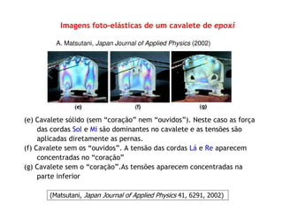 (e) Cavalete sólido (sem “coração” nem “ouvidos”). Neste caso as força
das cordas Sol e Mi são dominantes no cavalete e as tensões são
aplicadas diretamente as pernas.
(f) Cavalete sem os “ouvidos”. A tensão das cordas Lá e Re aparecem
concentradas no “coração”
(g) Cavalete sem o “coração”.As tensões aparecem concentradas na
parte inferior
(Matsutani, Japan Journal of Applied Physics 41, 6291, 2002)
Imagens foto-elásticas de um cavalete de epoxi
A. Matsutani, Japan Journal of Applied Physics (2002)
 