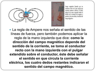  La regla de Ampere nos señala el sentido de las
líneas de fuerza, pero también podemos aplicar la
regla de la mano izquierda que dice: como la
dirección del campo magnético depende del
sentido de la corriente, se toma al conductor
recto con la mano izquierda con el pulgar
extendido sobre el conductor, éste debe señalar
el sentido en que circula la corriente
eléctrica, los cuatro dedos restantes indicaran el
sentido del campo magnético.
 