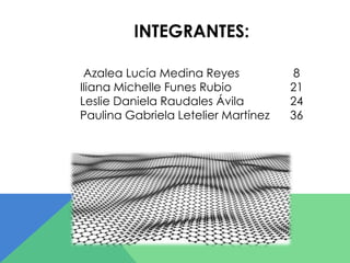 INTEGRANTES: 
Azalea Lucía Medina Reyes 8 
Iliana Michelle Funes Rubio 21 
Leslie Daniela Raudales Ávila 24 
Paulina Gabriela Letelier Martínez 36 
