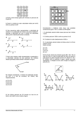 a) Qual o menor tempo gasto (em minutos) no percurso de
A para B?


b) Qual é o módulo do vetor velocidade média (em km/h)
entre os pontos A e B?

                                                            Considerando a distância entre duas ruas paralelas
                                                            consecutivas igual a 100 m, analise as afirmações:
6) Nos esquemas estão representadas a velocidade de
módulo V e a aceleração de módulo a do ponto material P.    I. A velocidade vetorial média nesse percurso tem módulo
Assinale a alternativa em que o módulo da velocidade        1 km/h.
desse ponto material permanece constante.
                                                            II. O ônibus percorre 1500 m entre os pontos A e B.

                                                            III. O módulo do vetor deslocamento é 500 m.

                                                            IV. A velocidade vetorial média do ônibus entre A e B tem
                                                            módulo 3 km/h.
                                                            Estão corretas:

                                                            a) I e III.
                                                            b) I e IV.
                                                            c) III e IV.
                                                            d) I e II.

                                                            9) M e N são vetores de módulos iguais (|M| = |N| = M). O
7) Num certo instante, estão representadas a aceleração e   vetor M é fixo e o vetor N pode girar em torno do ponto O
a velocidade vetoriais de uma partícula. Os módulos         (veja figura) no plano formado por M e N. Sendo R = M +
dessas grandezas estão também indicados na figura           N, indique, entre os gráficos a seguir, aquele que pode
                                                            representar a variação de |R| como função do ângulo š
                                                            entre M e N.




No instante considerado, o módulo da aceleração escalar,
em m/s2, e o raio de curvatura, em metros, são,
respectivamente:

a) 3,5 e 25
b) 2,0 e 2,8
c) 4,0 e 36
d) 2,0 e 29




8) Um ônibus percorre em 30 minutos as ruas de um
bairro, de A até B, como mostra a figura:




Exercícios Selecionados de Física                                                                                 11
 