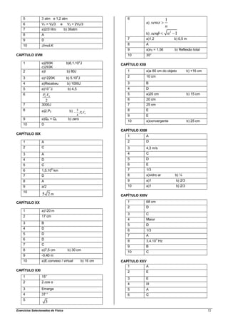 5            3 atm e 1,2 atm                                   6                          1
    6            V1 = V0/3        e     V2 = 2V0/3                              a)    sen
                                                                                              n
    7            a)2/3 litro          b) 36atm
    8            A                                                              b) sen        n2 1
    9            D                                                 7            a)1,2             b) 0,5 m
    10           J/mol.K                                           8            A
                                                                   9            a)n2 = 1,56       b) Reflexão total
CAPÍTULO XVIII                                                     10           30°

    1            a)293K                b)6,1.102J               CAPÍTULO XXII
                 c)293K
    2            a)I                   b) 80J                      1            a)a 80 cm do objeto         b) +16 cm

    3            a)1220K               b) 5.10 J
                                                 4                 2            10 cm

    4            a)Recebeu              b) 1000J                   3            B
                         -7
    5            a)10 J                 b) 4,5                     4            D
    6             P0 .V0                                           5            a)20 cm                     b) 15 cm
                    2                                              6            20 cm
    7            3000J                                             7            25 cm
    8            a)2.P0                  b)   3                    8            E
                                                .P0 .V0
                                              4                    9            E
    9            a)QA = Qc              b) zero
                                                                   10           a)convergente               b) 25 cm
    10           D
                                                                CAPÍTULO XXIII
CAPÍTULO XIX
                                                                   1            A
    1            A                                                 2            D
    2            C                                                 3            4,3 m/s
    3            A                                                 4            C
    4            D                                                 5            D
    5            C                                                 6            E
                              8                                    7            1/3
    6            1,5.10 km
    7            D                                                 8            a)vidro ar        b) ¼
    8            A                                                 9            a)1                b) 2/3
    9            a/2                                               10           a)1                b) 2/3
    10
                  5 2m                                          CAPÍTULO XXIV

CAPÍTULO XX                                                        1            68 cm
                                                                   2            D
    1            a)120 m
                                                                   3            C
    2            17 cm
                                                                   4            Maior
    3            B
                                                                   5            D
    4            D
                                                                   6            1/3
    5            D                                                 7            A
    6            D                                                 8
                                                                                        3
                                                                                3,4.10 Hz
    7            C
                                                                   9            B
    8            a)7,5 cm               b) 30 cm
                                                                   10           C
    9            -0,40 m
    10           a)E.convexo / virtual               b) 16 cm   CAPÍTULO XXV
                                                                   1        A
CAPÍTULO XXI                                                       2            E
    1            15°
                                                                   3            E
    2            2.cos α
                                                                   4            III
    3            Emerge                                            5            A
    4            37 °                                              6            C
    5
                     3
Exercícios Selecionados de Física                                                                                       72
 
