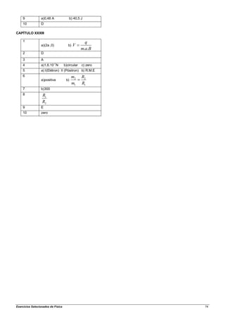 9            a)0,48 A                 b) 40,5 J
    10           D

CAPÍTULO XXXIII

    1                                              q
                 a)(2a ,0)             b)   V
                                                 m.a.B
    2            D
    3            A
    4            a)1,6.10-7N        b)circular    c) zero
    5            a) I(Elétron) II (Pósitron) b) R.M.E
    6                                      m2     R2
                 a)positiva          b)
                                           m1     R1
    7            b)300
    8             R1
                  R2
    9            E
    10           zero




Exercícios Selecionados de Física                           74
 