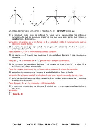 A                                B                                 C                       D
      x                                                                  x
                                                                                                 x
                                       x
                                                                          0      t’     t        0       t’   t


       0        t’       t              0       t’       t


Em relação ao intervalo de tempo entre os instantes 0 e t’, é CORRETO afirmar que:

01. a velocidade média entre os instantes 0 e t’, das curvas representadas nos gráficos, é
    numericamente igual ao coeficiente angular da reta que passa pelos pontos que indicam as
    posições nestes dois instantes.
Verdadeiro: Em gráficos de x em função de t, a velocidade média é numericamente igual ao
   coeficiente angular da reta.
02. o movimento do corpo representado no diagrama D, no intervalo entre 0 e t’, é retilíneo
    uniformemente retardado.
Falso: Como a < 0 e v < 0, o movimento é Retilíneo Acelerado.
04. no instante        t0 = 0 , o   corpo, cujo movimento é representado no diagrama C, está na origem do
    referencial.
Falso: No     t0 = 0   o corpo está em         x ≠ 0 , portanto não é a origem do referencial.
08. no movimento representado no diagrama B, no intervalo de tempo entre 0 e t’, o corpo vai se
    aproximando da origem do referencial.
Falso: No intervalo de tempo de 0 a t’, o corpo está se afastando da origem do referencial.
16. no movimento representado no diagrama A, a velocidade inicial do corpo é nula.
Verdadeiro: No vértice da parábola a velocidade é nula, pois o coeficiente angular da reta é nulo.
32. o movimento do corpo representado no diagrama B, no intervalo de tempo entre 0 e t’, é retilíneo
    uniformemente acelerado.
Falso: Como a > 0 e v < 0 o movimento é retilíneo retardado.
64. o movimento representado no diagrama B poderia ser o de um corpo lançado verticalmente
    para cima.
Verdadeiro.

     Gabarito: 81




     COPERVE                  CONCURSO VESTIBULAR-UFSC/2010                           PROVA 2: AMARELA            2
 
