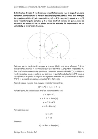 UNIVERSIDAD NACIONAL DE PIURA (Facultad de Ingeniería Civil)
Yarleque Yovera Christian Joel Ciclo: V
5.72. Un disco de radio 𝑹 rueda con una velocidad constante 𝒗 𝟎 a lo largo de un plano
horizontal. Demostrar que la posición de cualquier punto sobre su borde está dado por
las ecuaciones 𝒙( 𝒕) = 𝑹(𝒘𝒕 − 𝒔𝒆𝒏(𝒘𝒕))e 𝒚( 𝒕) = 𝑹(𝟏 − 𝒄𝒐𝒔⁡( 𝒘𝒕)), donde 𝒘 = 𝒗 𝟎/𝑹
es la velocidad angular del disco y 𝒕 se mide desde el instante en que el punto se
encuentra en contacto con el plano. Encontrar también las componentes de la
velocidad y la aceleración del punto.
Dejemos que la rueda ruede un poco y veamos dónde va a parar el punto P de la
circunferencia. Cuando el centro del círculo C ha pasado a C´, el punto P ha pasado a P´.
Este es el punto cuya ecuación queremos. Llamamos a sus coordenadas (𝑥, 𝑦). Como la
rueda no resbala sobre el suelo, lo que sabemos es que la longitud del arco 𝑃′𝐷 sobre la
circunferencia es igual a la longitud del segmento rectilíneo 𝑃𝐷. Si llamamos a al ángulo
𝑃′
𝐶′
𝐷 = 𝛼 medido en radianes, resulta 𝑃′
𝐷 = 𝑃𝐷 = 𝑅𝛼.
Además ya que el punto 𝐶 se mueve a velocidad constante 𝒗0
𝐶𝐶′
= 𝑃𝐷 = 𝑣0 ∗ 𝑡 = 𝑅 ∗ 𝛼
Por otra parte, las coordenadas de 𝑃′ en nuestro sistema son:
𝑥 = 𝑃𝐷 − 𝑃′𝐿
𝑥 = 𝑅 ∗ 𝛼 − 𝑅𝑠𝑒𝑛(𝛼)
𝑦 = 𝐶′
𝐷 − 𝐶′𝐿
𝑦 = 𝑅 − 𝑅𝑐𝑜𝑠(𝛼)
Pero sabemos que:
𝑤 = 𝛼/𝑡
𝛼 = 𝑤𝑡
Entonces:
𝑥(𝑡) = 𝑅𝑤𝑡 − 𝑅𝑠𝑒𝑛(𝑤𝑡)
 