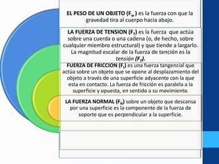 EL PESO DE UN OBJETO (Fw ) es la fuerza con que la
gravedad tira al cuerpo hacia abajo.
LA FUERZA DE TENSION (FT) es la fuerza que actúa
sobre una cuerda o una cadena (o, de hecho, sobre
cualquier miembro estructural) y que tiende a largarlo.
La magnitud escalar de la fuerza de tención es la
tensión (FT).
FUERZA DE FRICCION (Ft) es una fuerza tangencial que
actúa sobre un objeto que se opone al desplazamiento del
objeto a través de una superficie adyacente con la que
esta en contacto. La fuerza de fricción es paralela a la
superficie y opuesta, en sentido a su movimiento.
LA FUERZA NORMAL (FN) sobre un objeto que descansa
por una superficie es la componente de la fuerza de
soporte que es perpendicular a la superficie.
 