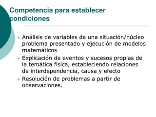 Competencia para establecer
condiciones

     Análisis de variables de una situación/núcleo
      problema presentado y ejecución de modelos
      matemáticos
     Explicación de eventos y sucesos propias de
      la temática física, estableciendo relaciones
      de interdependencia, causa y efecto
     Resolución de problemas a partir de
      observaciones.
 