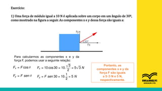 Exercício:
1) Uma força de módulo igual a 10 N é aplicada sobre um corpo em um ângulo de 30º,
como mostrado na figura a seguir. As componentes x e y dessa força são iguais a:
Para calcularmos as componentes x e y da
força F, podemos usar a seguinte relação:
Portanto, as
componentes x e y da
força F são iguais
a 5√3 N e 5 N,
respectivamente.
 