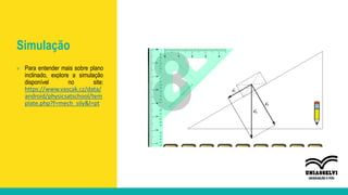 Simulação
» Para entender mais sobre plano
inclinado, explore a simulação
disponível no site:
https://www.vascak.cz/data/
android/physicsatschool/tem
plate.php?f=mech_sily&l=pt
 
