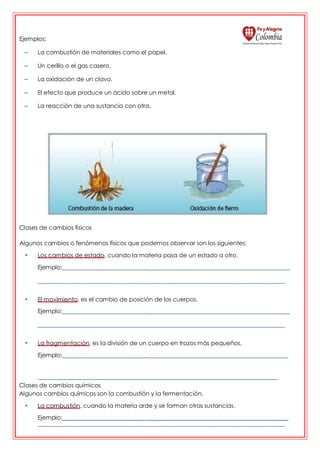 Ejemplos:
– La combustión de materiales como el papel.
– Un cerillo o el gas casero.
– La oxidación de un clavo.
– El efecto que produce un ácido sobre un metal.
– La reacción de una sustancia con otra.
Clases de cambios físicos
Algunos cambios o fenómenos físicos que podemos observar son los siguientes:
• Los cambios de estado, cuando la materia pasa de un estado a otro.
Ejemplo: _ _ _
• El movimiento, es el cambio de posición de los cuerpos.
Ejemplo: _ _
• La fragmentación, es la división de un cuerpo en trozos más pequeños.
Ejemplo: _
_
Clases de cambios químicos
Algunos cambios químicos son la combustión y la fermentación.
• La combustión, cuando la materia arde y se forman otras sustancias.
Ejemplo: _
 