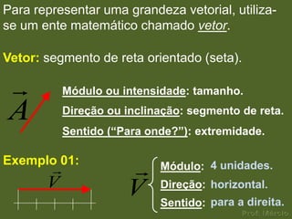 Para representar uma grandeza vetorial, utiliza-
se um ente matemático chamado vetor.

Vetor: segmento de reta orientado (seta).

          Módulo ou intensidade: tamanho.

A          Direção ou inclinação: segmento de reta.
           Sentido (“Para onde?”): extremidade.

Exemplo 01:
                          Módulo: 4 unidades.
       V              V     Direção: horizontal.
                            Sentido: para a direita.
 