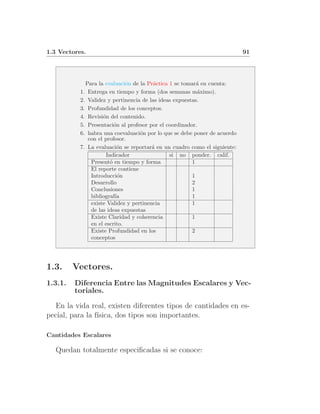 1.3 Vectores.                                                              91




             Para la evaluaci´n de la Pr´ctica 1 se tomar´ en cuenta:
                              o          a                a
           1. Entrega en tiempo y forma (dos semanas m´ximo).
                                                          a
           2. Validez y pertinencia de las ideas expuestas.
           3. Profundidad de los conceptos.
           4. Revisi´n del contenido.
                    o
           5. Presentaci´n al profesor por el coordinador.
                          o
           6. habra una coevaluaci´n por lo que se debe poner de acuerdo
                                   o
              con el profesor.
           7. La evaluaci´n se reportar´ en un cuadro como el siguiente:
                           o            a
                      Indicador                si no ponder. calif.
               Present´ en tiempo y forma
                        o                               1
               El reporte contiene
               Introducci´n o                           1
               Desarrollo                               2
               Conclusiones                             1
               bibliograf´ıa                            1
               existe Validez y pertinencia             1
               de las ideas expuestas
               Existe Claridad y coherencia             1
               en el escrito.
               Existe Profundidad en los                2
               conceptos




1.3.     Vectores.
1.3.1.   Diferencia Entre las Magnitudes Escalares y Vec-
         toriales.

   En la vida real, existen diferentes tipos de cantidades en es-
pecial, para la f´
                 ısica, dos tipos son importantes.

Cantidades Escalares

   Quedan totalmente especiﬁcadas si se conoce:
 