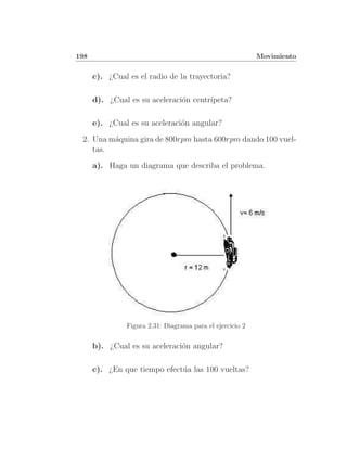 198                                                        Movimiento


      c). ¿Cual es el radio de la trayectoria?

      d). ¿Cual es su aceleraci´n centr´
                               o       ıpeta?

      e). ¿Cual es su aceleraci´n angular?
                               o
 2. Una m´quina gira de 800rpm hasta 600rpm dando 100 vuel-
         a
    tas.
      a). Haga un diagrama que describa el problema.




               Figura 2.31: Diagrama para el ejercicio 2


      b). ¿Cual es su aceleraci´n angular?
                               o

      c). ¿En que tiempo efect´a las 100 vueltas?
                              u
 