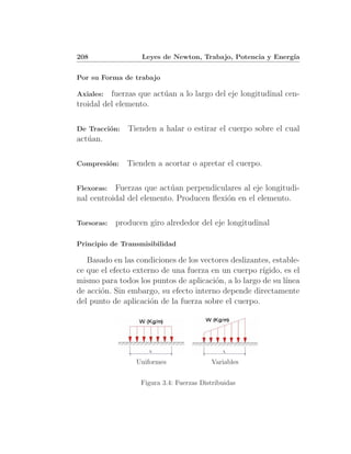 208                Leyes de Newton, Trabajo, Potencia y Energ´
                                                             ıa


Por su Forma de trabajo

Axiales:  fuerzas que act´an a lo largo del eje longitudinal cen-
                         u
troidal del elemento.

De Tracci´n:
         o     Tienden a halar o estirar el cuerpo sobre el cual
act´an.
   u

Compresi´n:
        o      Tienden a acortar o apretar el cuerpo.

Flexoras:  Fuerzas que act´an perpendiculares al eje longitudi-
                           u
nal centroidal del elemento. Producen ﬂexi´n en el elemento.
                                          o

Torsoras:   producen giro alrededor del eje longitudinal

Principio de Transmisibilidad

   Basado en las condiciones de los vectores deslizantes, estable-
ce que el efecto externo de una fuerza en un cuerpo r´ıgido, es el
mismo para todos los puntos de aplicaci´n, a lo largo de su l´
                                        o                     ınea
de acci´n. Sin embargo, su efecto interno depende directamente
       o
del punto de aplicaci´n de la fuerza sobre el cuerpo.
                      o




                 Uniformes                Variables


                   Figura 3.4: Fuerzas Distribuidas
 